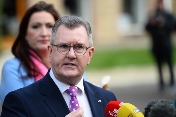 epa10472748 Democratic Unionist Party (DUP) leader Jeffrey Donaldson speaks to the media after his party?s meeting with British prime minister Sunak at The Culloden Hotel near Belfast, Northern Irelan ...