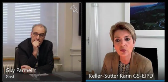 Das Doppelinterview wurde über Skype geführt. Guy Parmelin war in einem Sitzungszimmer im Bundeshaus, Karin Keller-Sutter in ihrem Bundesratsbüro.