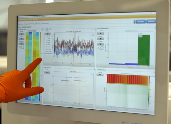 A lab assistant points at charts of a sequenced Covid-19 virus at the Wellcome Sanger Institute that is operated by Genome Research in Cambridge, Thursday, March 4, 2021. Cambridge University microbio ...