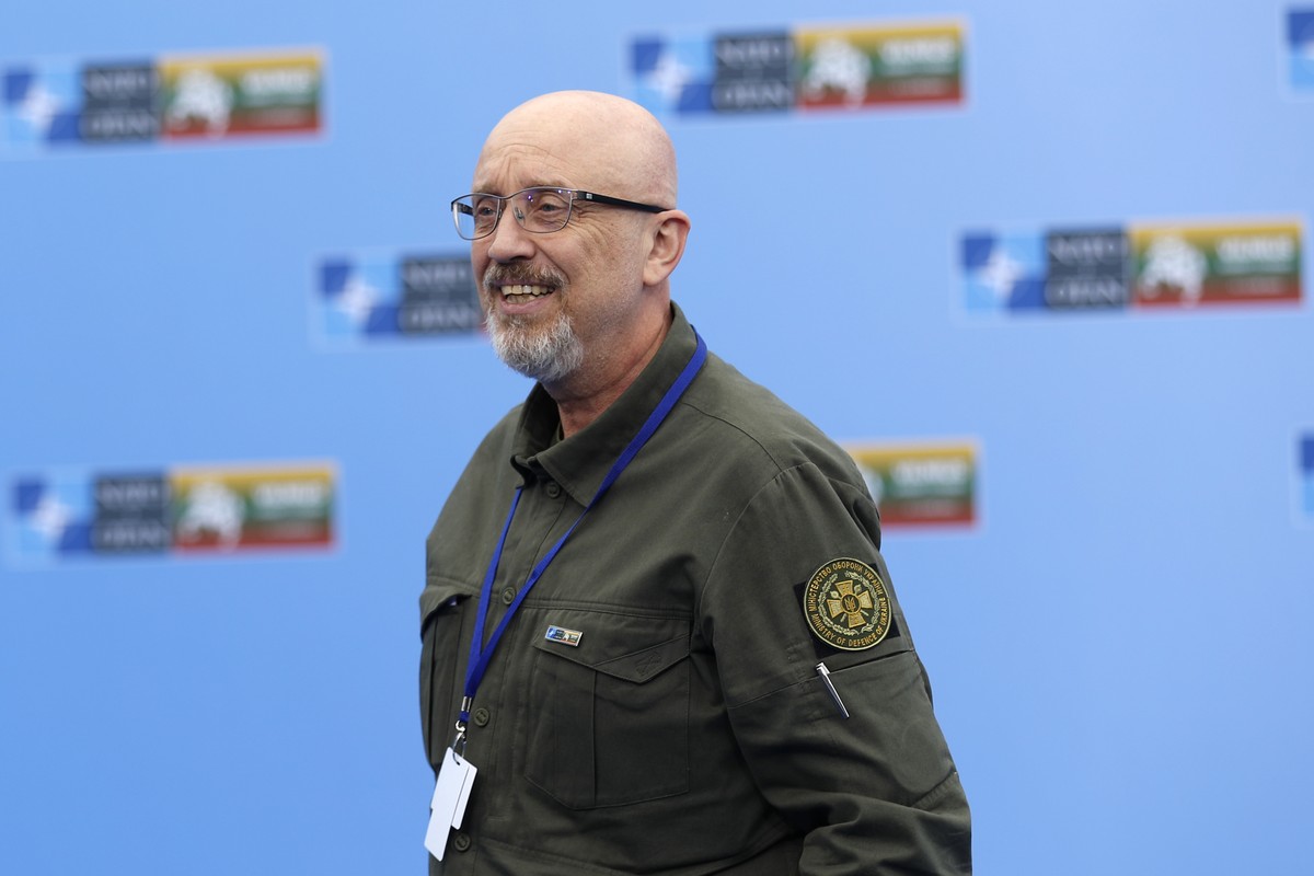 Ukraine's Defense Minister Oleksiy Reznikov speaks with the media during NATO Partner Nations arrivals at the NATO summit in Vilnius, Lithuania, Tuesday, July 11, 2023. NATO's summit began T ...