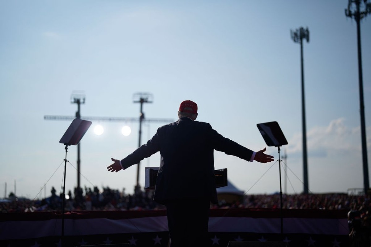 BUTLER, PENNSYLVANIA - July 13: Republican presidential candidate former President Donald Trump speaks during a campaign rally in Butler, Pa on Saturday, July 13, 2024. Trump ducked and was taken offs ...