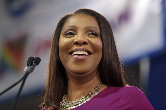 The new Attorney General of New York, Letitia James, smiles during an inauguration ceremony in New York, Sunday, Jan. 6, 2019. (AP Photo/Seth Wenig)
