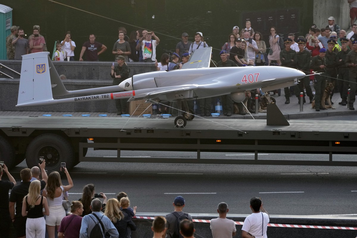 FILE - A Turkish-made Bayraktar TB2 drone is displayed during a rehearsal of a military parade dedicated to Independence Day in Kyiv, Ukraine, Aug. 20, 2021. The drones, which carry lightweight, laser ...