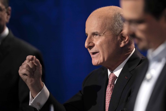 epa09726741 Jose Maria Figueres, candidate of the National Liberation Party, speaks during the Costa Rican presidential debate in San Jose, Costa Rica, 03 February 2022. Around 3.5 million Costa Rican ...