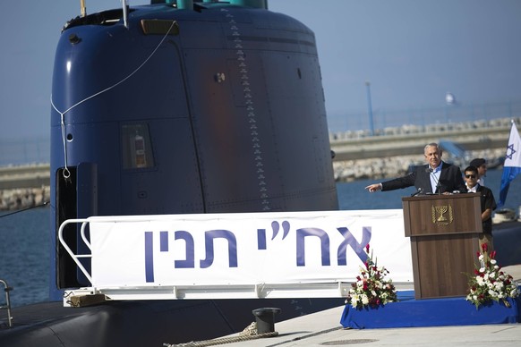 Israel s Prime Minister Benjamin Netanyahu speaks during a ceremony upon the arrival of INS Tanin, a Dolphin AIP class submarine, at a naval base in the northern city of Haifa September 23, 2014. Tani ...