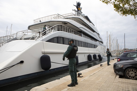 Civil Guards stand by the yacht called Tango in Palma de Mallorca, Spain, Monday April 4, 2022. U.S. federal agents and Spain&#039;s Civil Guard are searching the yacht owned by a Russian oligarch. Th ...