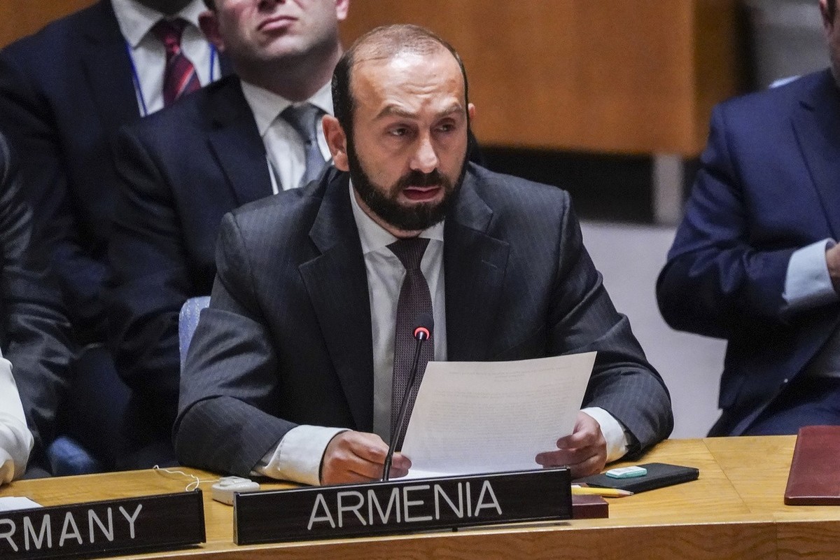 Armenia's Foreign Minister Ararat Mirzoyan speaks during a United Nations Security Council meeting on the conflict between Armenia and Azerbaijan, Thursday Sept. 21, 2023 at U.N. headquarters. (A ...