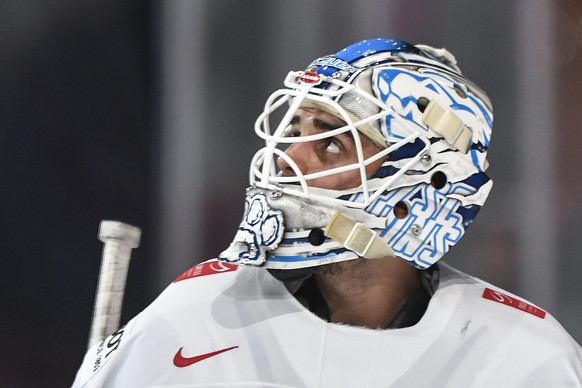 Switzerland’s goaltender Niklas Schlegel looks on during the Ice Hockey World Championship group B preliminary round match between Switzerland and Czech Republic in Paris, France on Tuesday, May 16, 2 ...