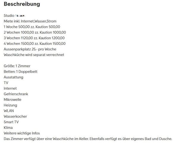 Beispiel für die Beschreibung eines Inserats für ein Business Apartment in der Stadt Zürich.