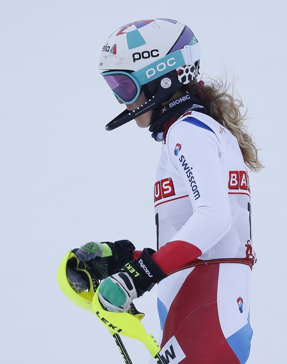 epa07374344 Aline Danioth of Switzerland reacts in the finish area during the first run of the women&#039;s Slalom race at the FIS Alpine Skiing World Championships in Are, Sweden, 16 February 2019. E ...