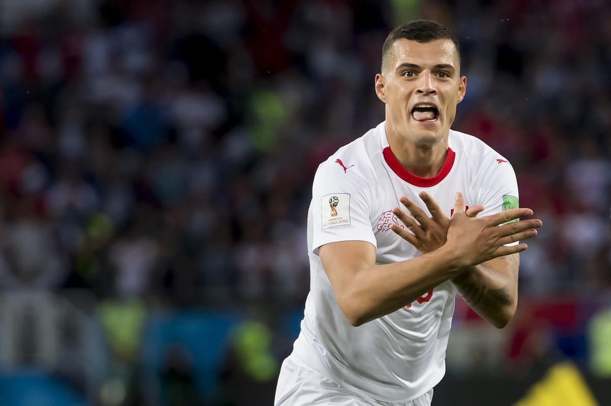 Switzerland's midfielder Granit Xhaka, celebrates after scoring a goal during the FIFA World Cup 2018 group E preliminary round soccer match between Switzerland and Serbia at the Arena Baltika St ...