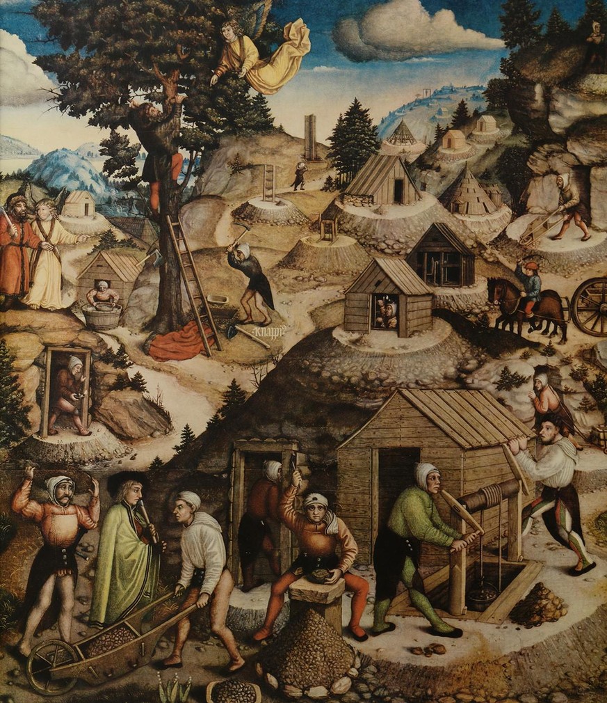 Im Mittelalter arbeitete und schlief man oft am gleichen Ort, wie diese Bergbau-Arbeiter in einer Darstellung auf dem Annaberger Bergaltar (Sachsen) aus dem 16. Jahrhundert.