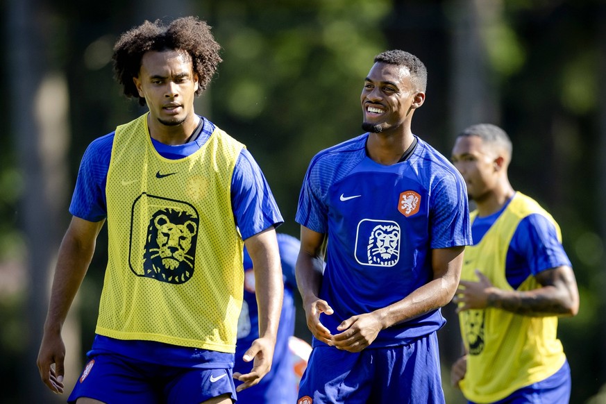 ZEIST - Joshua Zirkzee and Ryan Gravenberch during a training session of the young Orange at the KNVB Campus on June 11, 2023 in Zeist, Netherlands. The Dutch Juniors are preparing for the European Fo ...