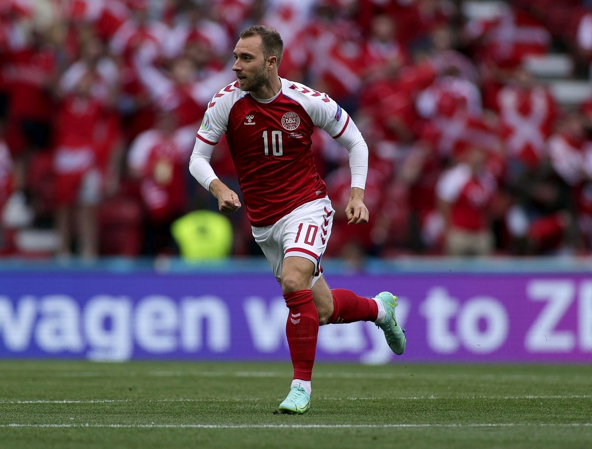 FILE - Denmark's Christian Eriksen runs during the Euro 2020 soccer championship group B match between Denmark and Finland at Parken stadium in Copenhagen, Denmark, Saturday, June 12, 2021. Eriks ...