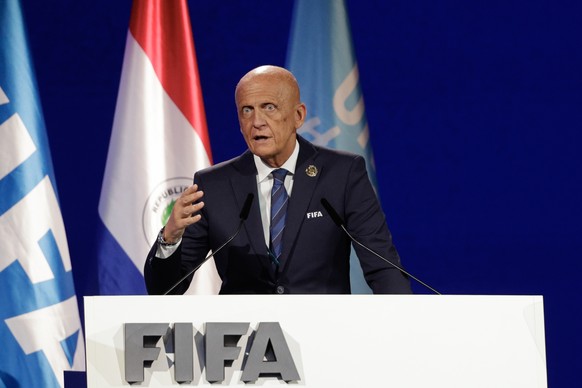 epa12104142 Chairman of the FIFA Referees Committee Pierluigi Collina speaks during the 75th Ordinary Congress in Ascuncion, Paraguay, 15 May 2025. EPA/Juan Pablo Pino