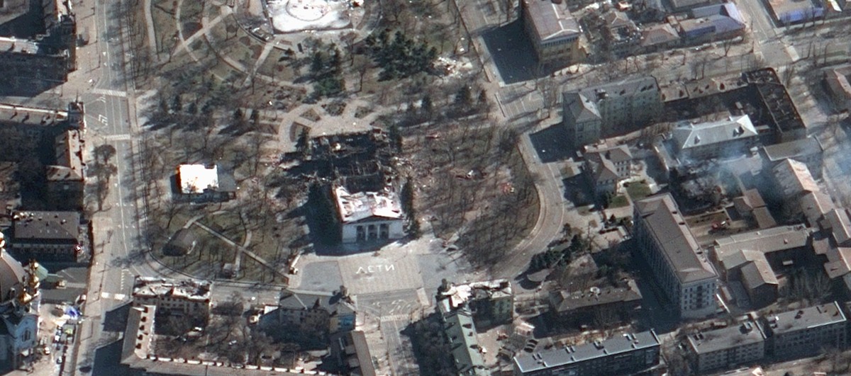 This satellite image provided by Maxar Technologies on Saturday, March 19, 2022 shows the aftermath of the airstrike on the Mariupol Drama theater, Ukraine, and the area around it. (Satellite image ©2 ...