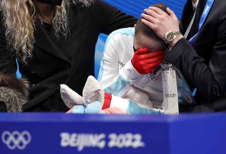 epa09766556 Kamila Valieva of Russian Olympic Committee cries after the Women&#039;s Free Skating of the Figure Skating events at the Beijing 2022 Olympic Games, Beijing, China, 17 February 2022. EPA/ ...