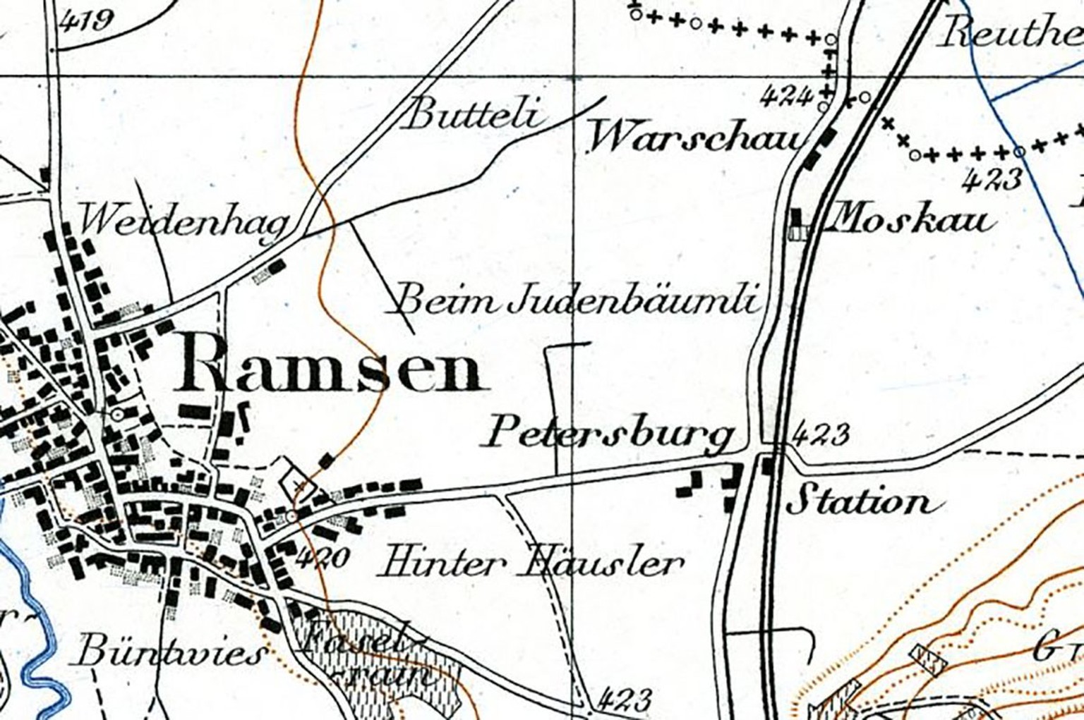 Ramsen mit den Häusernamen Warschau, Moskau und Petersburg auf der Siegfriedkarte.
https://s.geo.admin.ch/a29c69f768