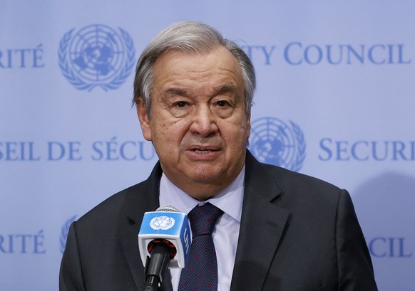 epa09777727 United Nations Secretary General Antonio Guterres briefs reporters on the situation on the Ukraine-Russia borders, at United Nations headquarters in New? York, New York, USA, 22 February 2 ...