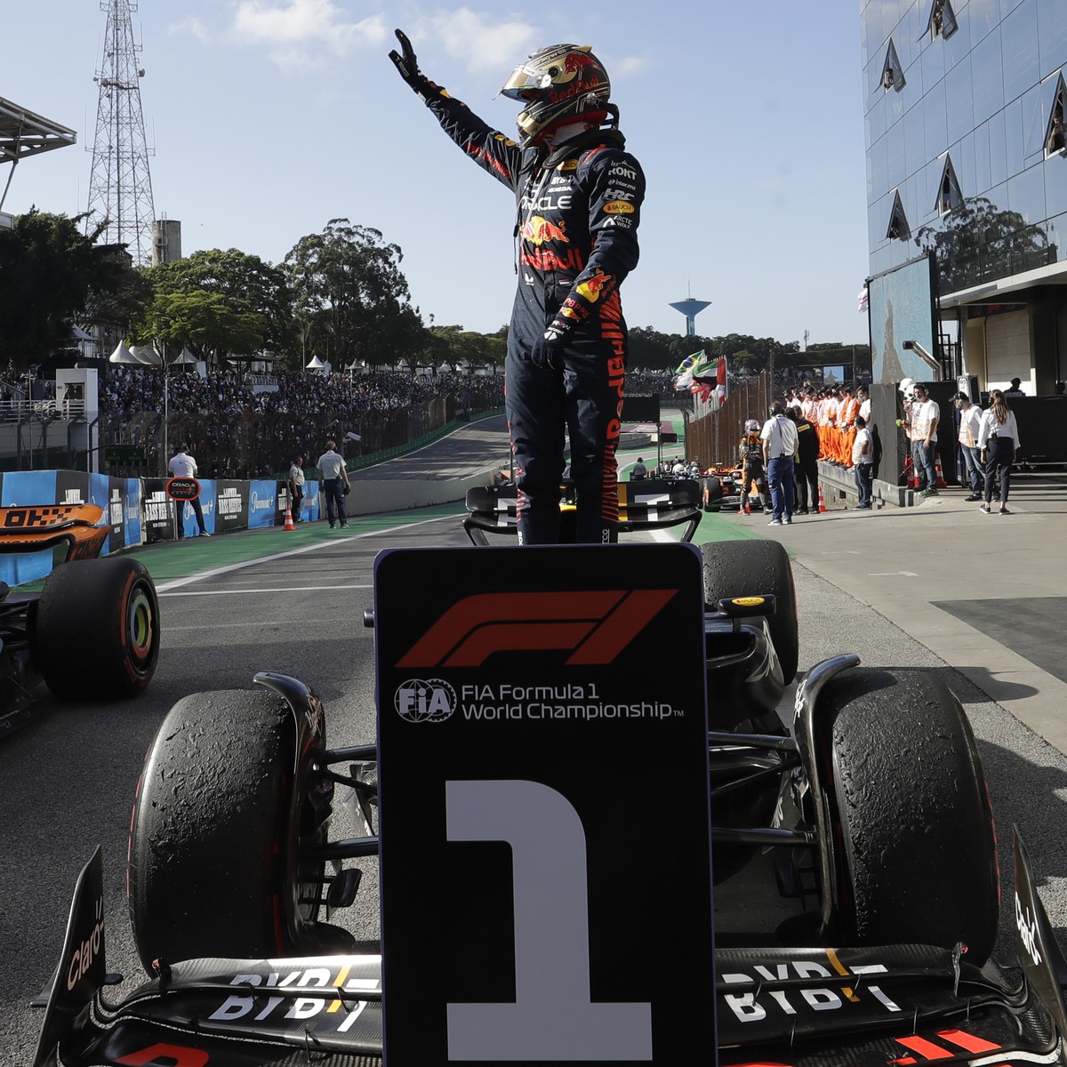 Red Bull driver Max Verstappen of the Netherlands celebrates finishing first in the Brazilian Formula One Grand Prix at the Interlagos race track in Sao Paulo, Brazil, Sunday, Nov. 5, 2023. (AP Photo/ ...