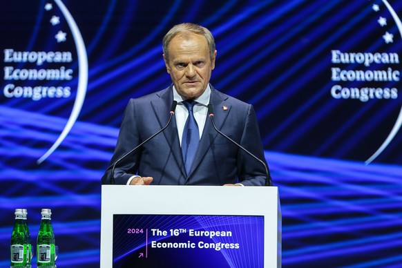epa11324093 Polish Prime Minister Donald Tusk speaks at the inauguration of the 16th European Economic Congress (EEC) at the International Congress Center in Katowice, Poland, 07 May 2024. The Europea ...