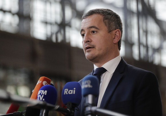 epa10327800 French Interior Minister Gerald Darmanin during a Special European home affairs ministers council on migration situation in Brussels, Belgium, 25 November 2022. Home affairs ministers disc ...
