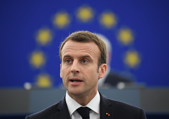 epa06674179 French President Emmanuel Macron delivers his speech at the European Parliament in Strasbourg, France, 17 April 2018. Macron is in Strasbourg to debate the future of the European Union wit ...