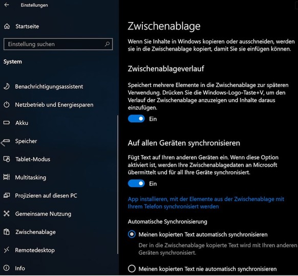 Das Cloud-Clipboard lässt sich in den Einstellungen aktivieren.
