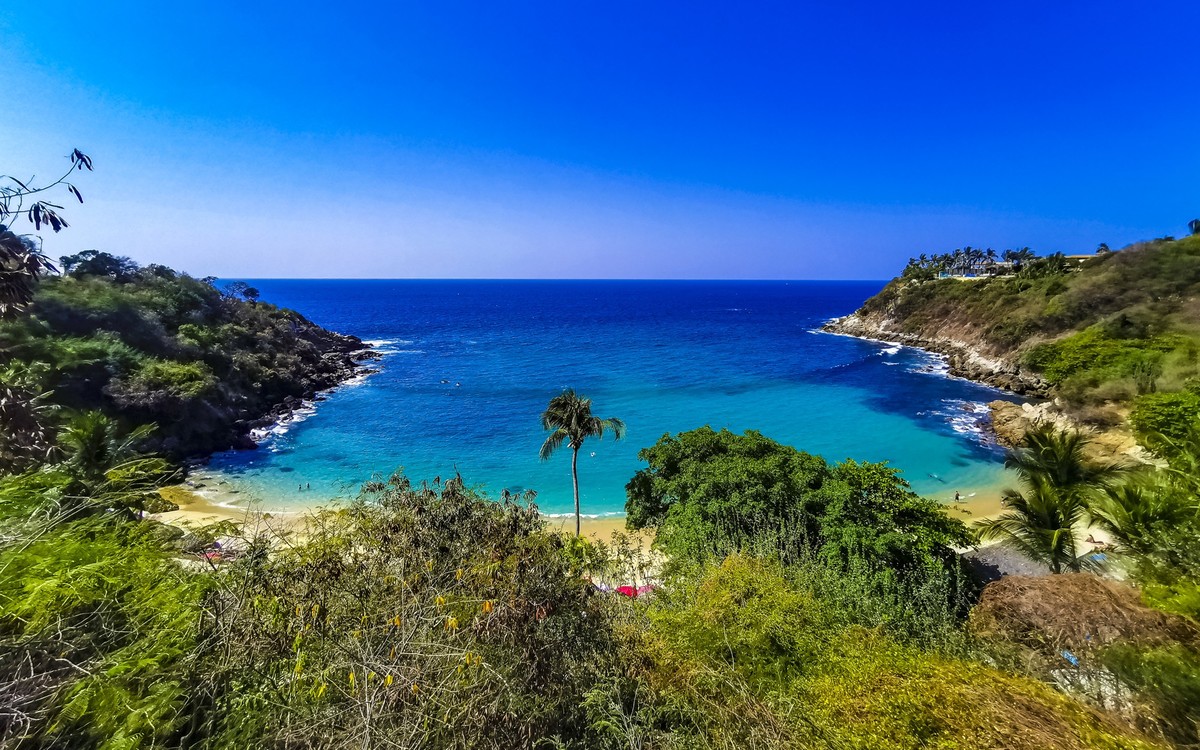 Beach sand blue turquoise water waves panorama Carrizalillo Puer, Beach sand turquoise blue water rocks cliffs boulders palm trees huge big surfer waves and panorama view on the beach Playa Carrizalil ...