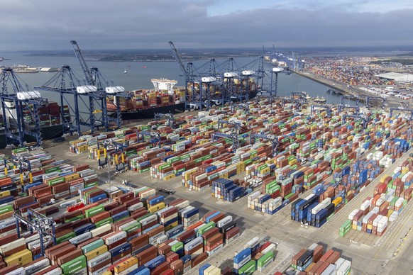 Thousands of shipping containers at the Port of Felixstowe, south east England, Wednesday Oct. 13, 2021. A logjam at the U.K.&#039;s busiest commercial port ratcheted up concerns Wednesday that the co ...