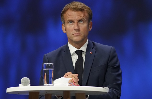 FILE - In this Sept. 14, 2021, file photo French President Emmanuel Macron attends the Sea Economy meeting in Nice, southern France. Liberty and Fraternity. Ties between the United States and its olde ...