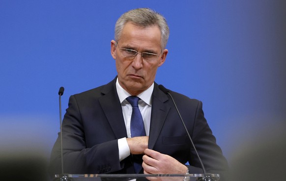 NATO Secretary General Jens Stoltenberg speaks during a media conference after a meeting of the NATO-Ukraine Commission at NATO headquarters in Brussels, Tuesday, Feb. 22, 2022. World leaders are gett ...