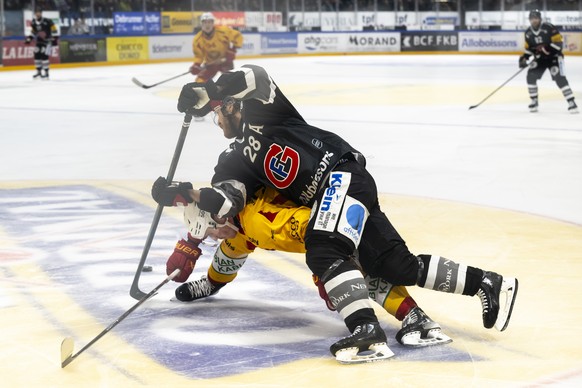 Christoph Bertschy (HCFG), oben, und Juuso Riikola (SCL), unten, kaempfen um den Puck, beim Eishockey National League zwischen Fribourg-Gotteron, HCFG, und SCL Tigers, SCL, am Freitag, 24. Januar 2025 ...