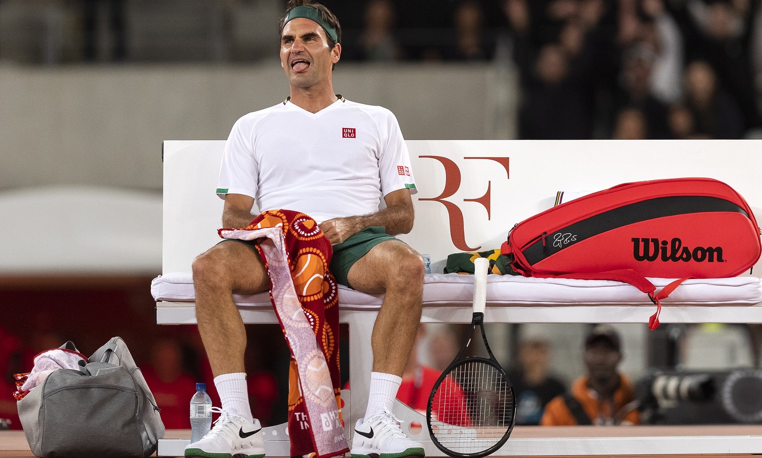 epa08200993 Roger Federer of Switzerland reacts between games against Rafael Nadal from Spain (not pictured) during the Match in Africa Cape Town charity event, Cape Town, South Africa 07 February 202 ...