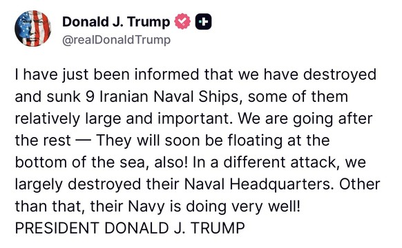 Trump auf Truth Social über Versenkung von iranischen Schiffen