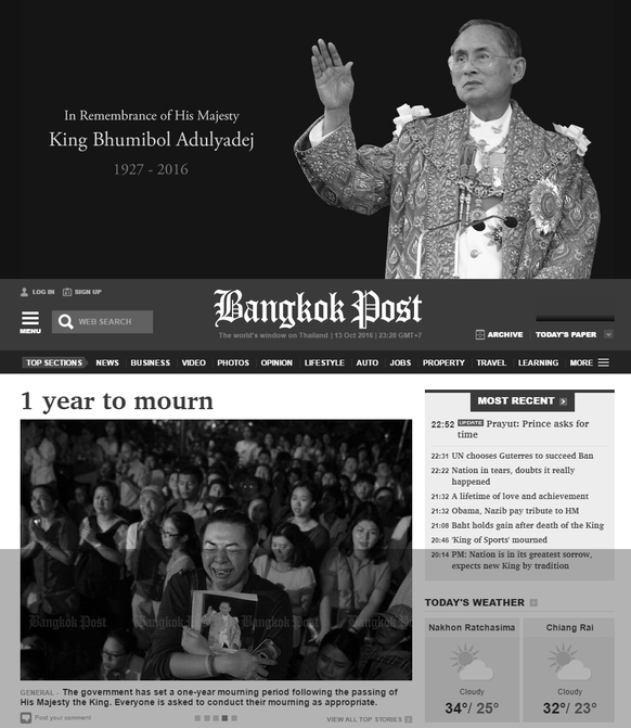 Zum Tod von König Bhumibol: Die Bangkok Post in Schwarzweiss (13. Oktober 2016)