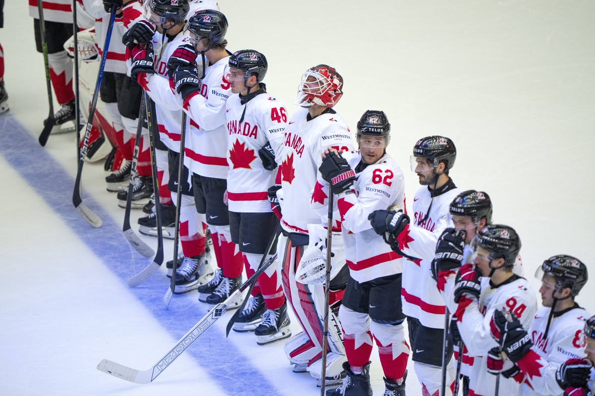 Canada players react after a quarterfinal game between Canada and Denmark at the hockey world championships, Thursday, May 22, 2025, in Herning, Denmark. (Bo Amstrup/Ritzau Scanpix via AP)
Denmark Hoc ...