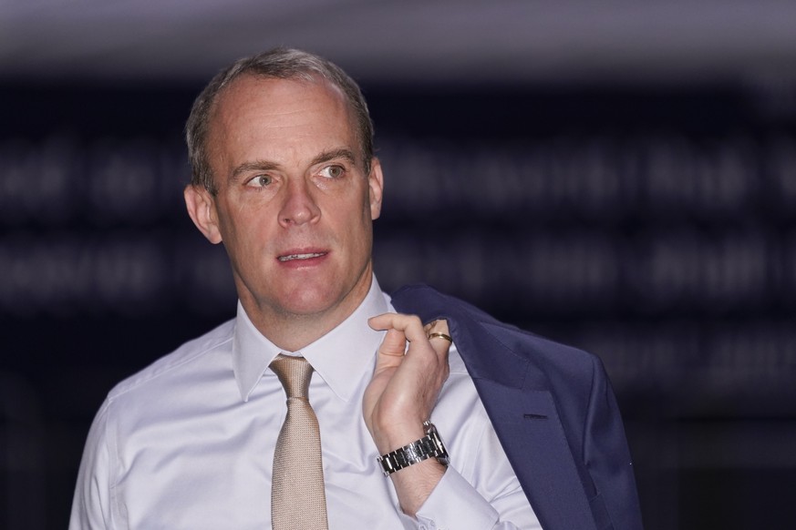 FILE - Dominic Raab arrives at the BBC studios, in London, Sunday, Oct. 23, 2022. Raab has resigned after an independent investigation into complaints that he bullied civil servants. Raab&#039;s decis ...