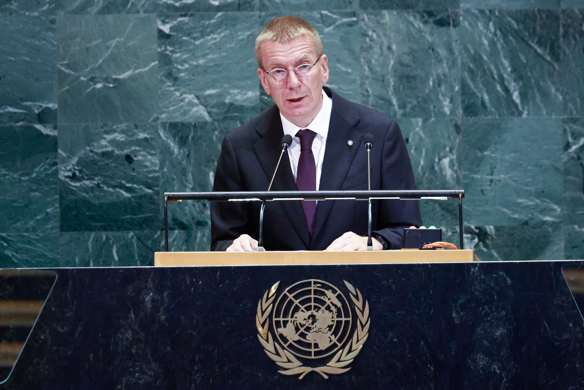 epa12402220 President of Latvia Edgars Rinkevics speaks during the General Debate of the 80th session of the United Nations General Assembly (UNGA) at the United Nations headquarters in New York, USA, ...