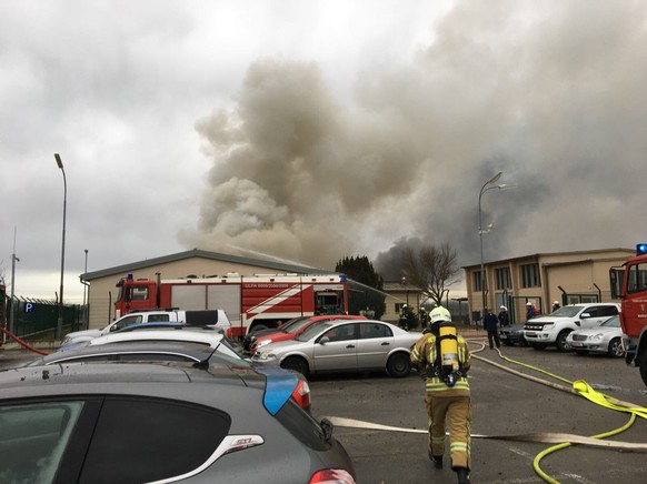 epa06384191 A handout photo made available by the Red Cross Lower Austria (RKNOe) shows emergency services at the scene of an explosion at a gas hub in Baumgarten, Austria, 12 December 2017. According ...