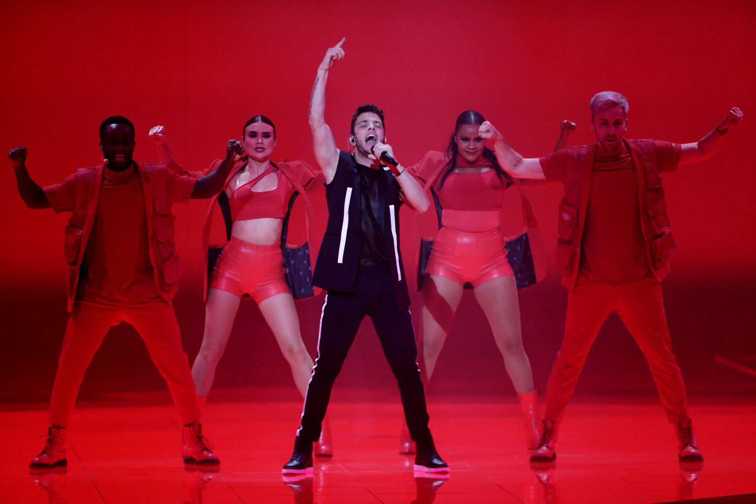 epa07577282 Contestant Luca Haenni of Switzerland performs during the second Semi-Final of the 64th annual Eurovision Song Contest (ESC) at the Expo Tel Aviv, in Tel Aviv, Israel, 16 May 2019. The Gra ...