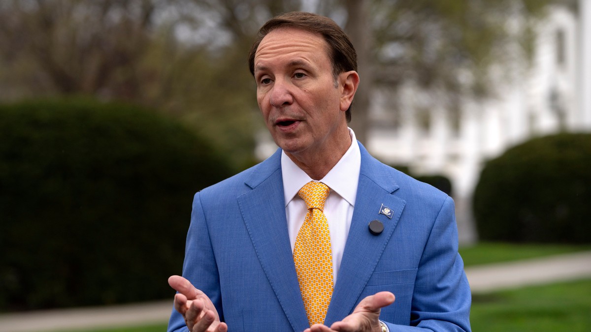 FILE - Louisiana Gov. Jeff Landry records a social media video outside the White House, Monday, March 24, 2025, in Washington. (AP Photo/Mark Schiefelbein, File)
Jeff Landry