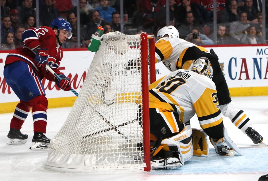 Jan 18, 2017; Montreal, Quebec, CAN; Montreal Canadiens right wing Sven Andrighetto (42) scores a goal against Pittsburgh Penguins goalie Matt Murray (30) during the second period at Bell Centre. Mand ...