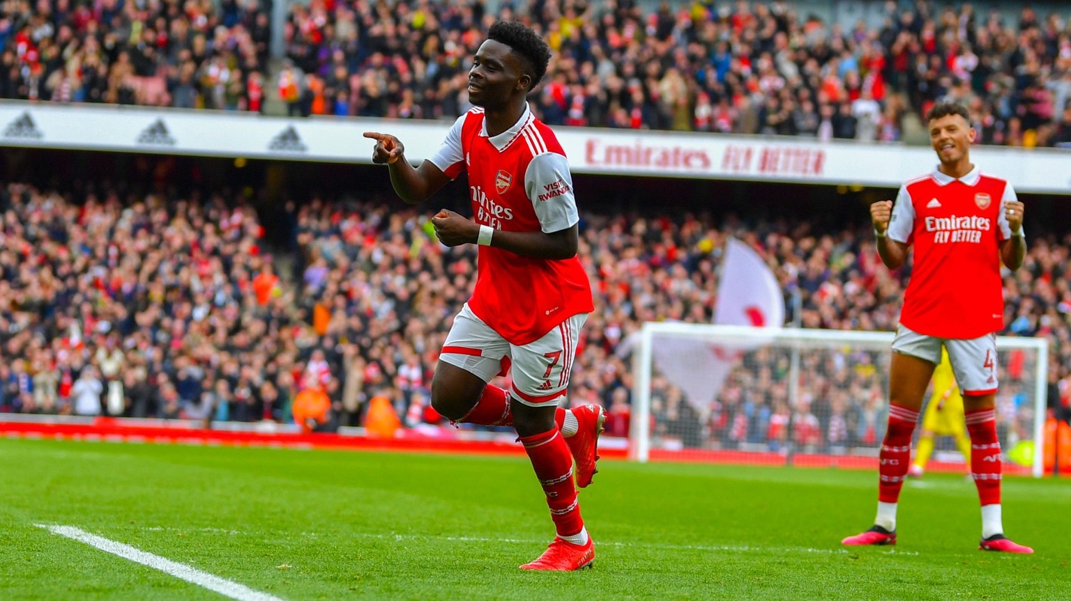 Arsenal v Crystal Palace Premier League 19/03/2023. Arsenal midfielder Bukayo Saka 7 GOAL scores 2-0 and celebratesduring the Premier League match between Arsenal and Crystal Palace at the Emirates St ...