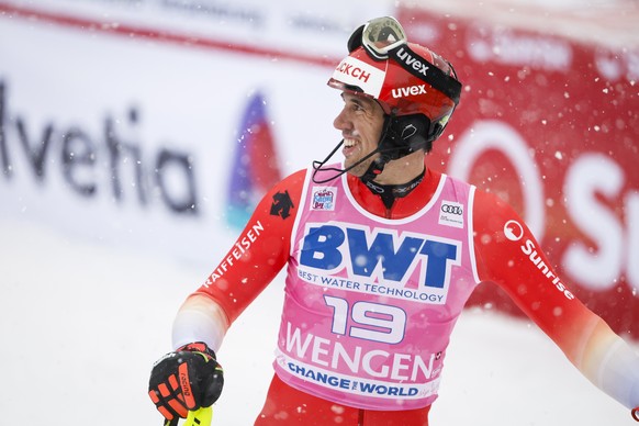 epa10406854 Ramon Zenhaeusern of Switzerland reacts in the finish area during the second run of the men's slalom race at the Alpine Skiing FIS Ski World Cup in Wengen, Switzerland, 15 January 2023. EP ...