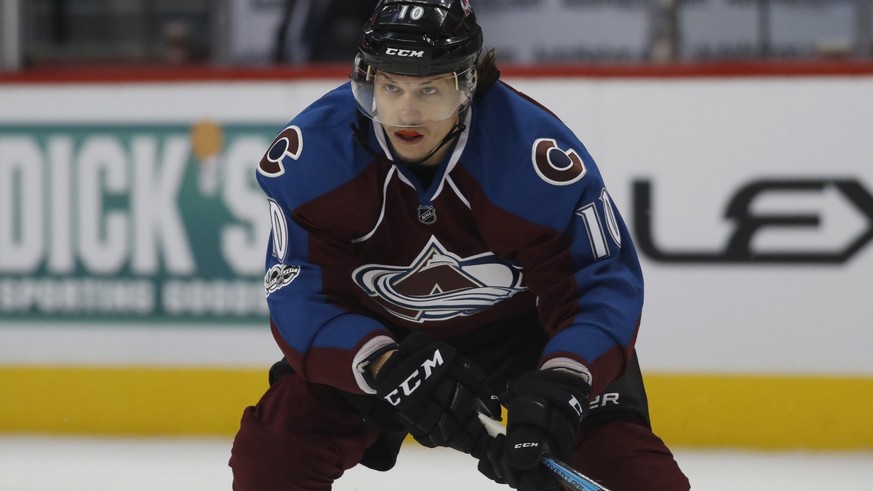 Colorado Avalanche right wing Sven Andrighetto, of Switzerland, looks for a pass as he drives to the net against the St. Louis Blues in the third period of an NHL hockey game Sunday, March 5, 2017, in ...