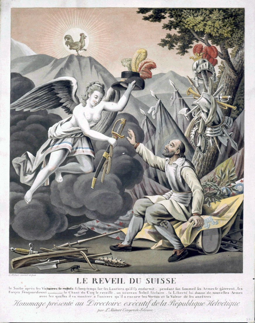 «Le Réveil du Suisse», Das Erwachen des Schweizers, Laurent Louis Midart (1733–1800), kolorierte Radierung von 1798.