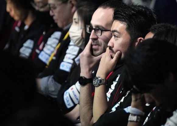 epa10591241 Staff members of ispace react as they wait for a signal from the lander of Japanese lunar landing mission Hakuto-R Mission1 (Hakuto-R M1) upon its landing on the moon, at the National Muse ...