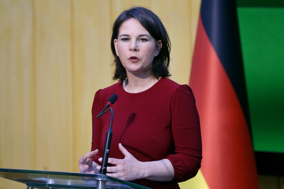 German Foreign Minister Annalena Baerbock speaks during a press conference with her Pakistani counterpart after their meeting, in Islamabad, Pakistan, Tuesday, June 7, 2022. Baerbock arrived in Islama ...