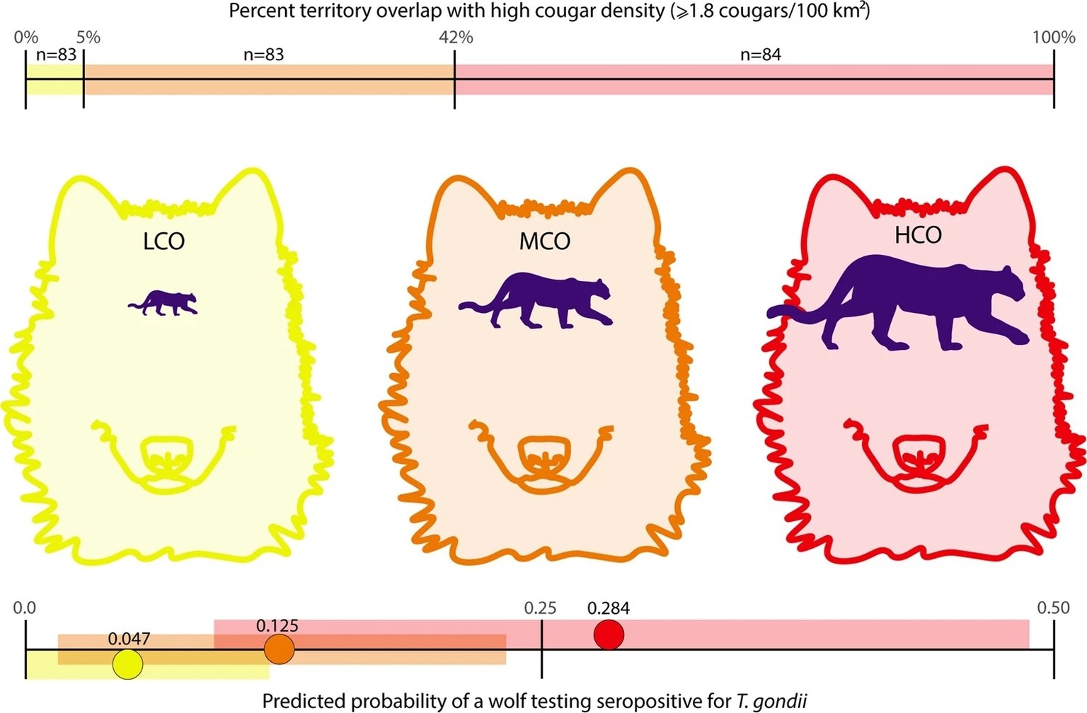 Gray wolves with T. gondii serology results were divided into one of three categories relative to their average annual overlap with cougar density ≥1.8/100 km2 (top bar): Low Cougar Overlap (LCO in ye ...